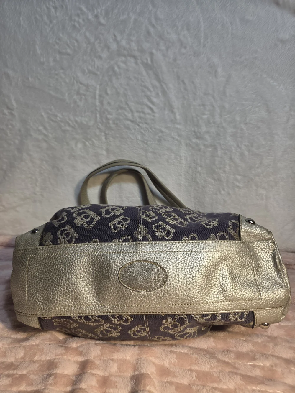 Designer-Inspired Taupe Crown Print Satchel with Gold Trim